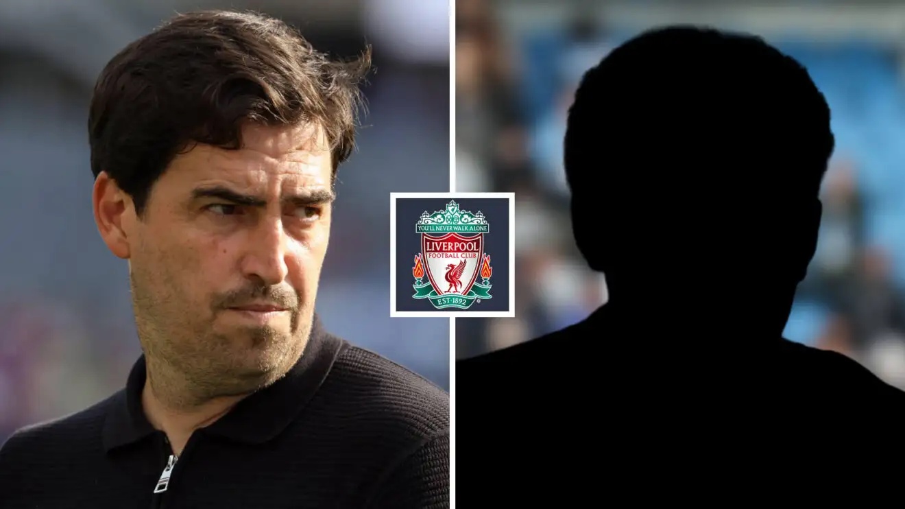 Split image of Liverpool manager Andoni Iraola and a shadow, with the Liverpool badge in between - copyright TEAMtalk