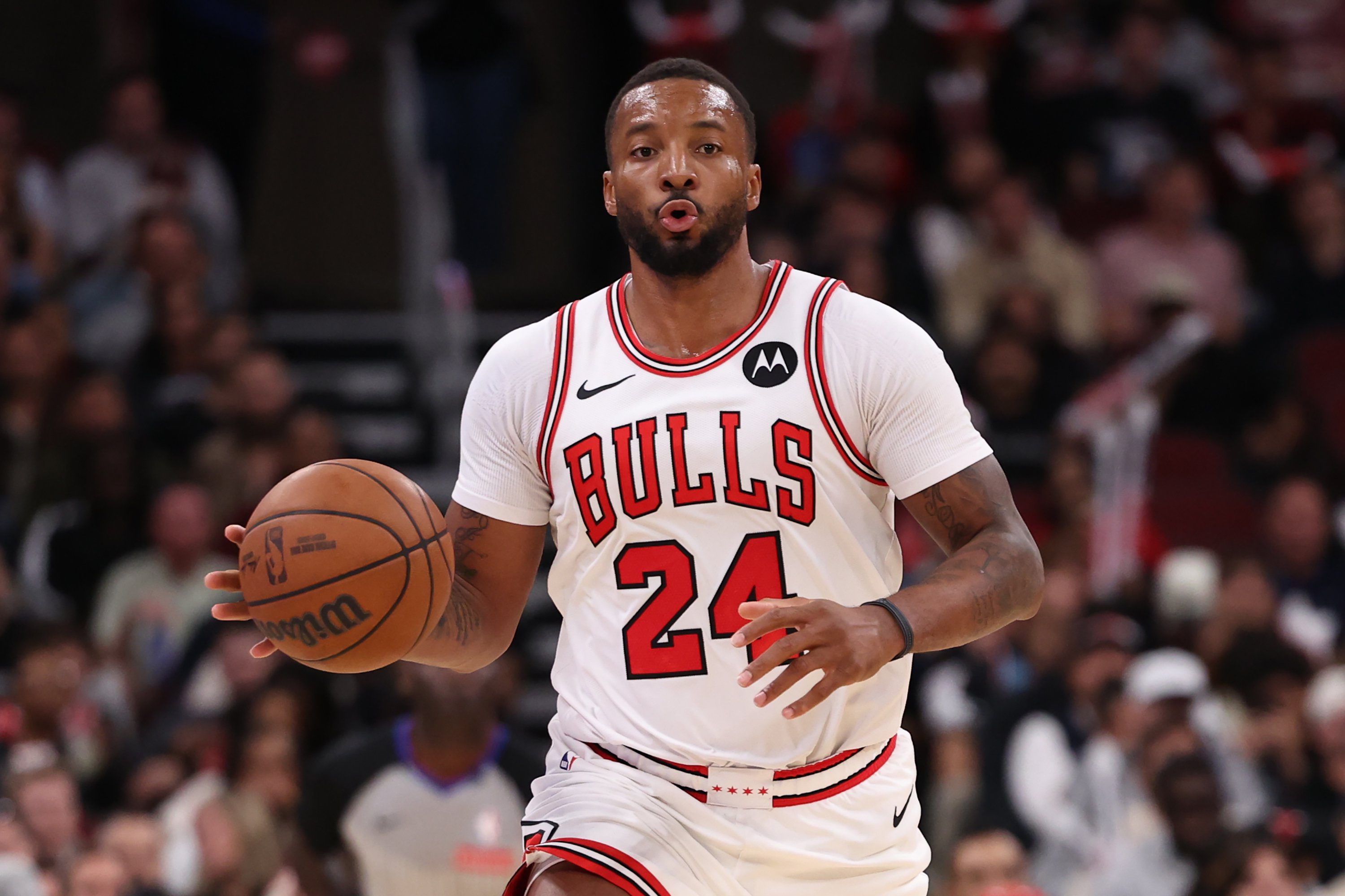 CHICAGO, ILLINOIS - OCTOBER 9: Norman Powell #24 of the Chicago Bulls dribbles the ball during the second half of a preseason game against the Memphis Grizzlies at United Center on October 9, 2026 in Chicago, Illinois. (Photo by Geoff Stellfox/Getty Images NOTE TO USER: User expressly acknowledges and agrees that, by downloading and or using this photograph, User is consenting to the terms and conditions of the Getty Images License Agreement. (Photo by Geoff Stellfox/Getty Images)
