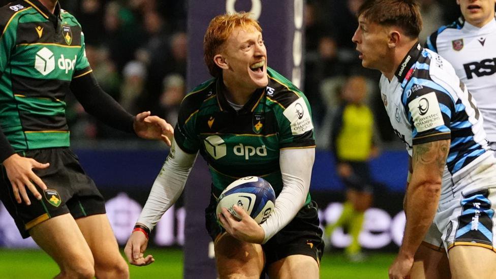 Northampton's George Hendy celebrates scoring against Cardiff