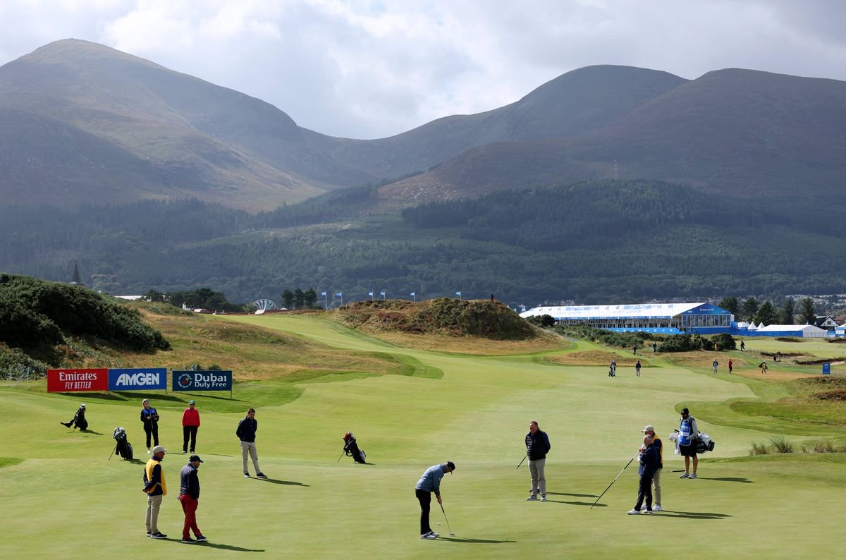 NEWCASTLE, NORTHERN IRELAND - SEPTEMBER 10: A general view of the 11th green as Richie Ramsay of Scotland putts during a Pro-Am prior to the Amgen Irish Open 2024 at Royal County Down Golf Club on September 10, 2024 in Newcastle, Northern Ireland. (Photo by Jan Kruger/Getty Images)