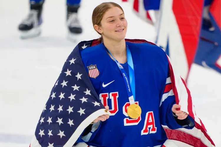 Aerin Frankel of Team United States celebrates the victory after the Women`s Ice Hockey Gold Medal Game between USA and Canada (2-1 OT) on day thirteen of the Milano Cortina 2026 Winter Olympic games at Milano Santagiulia Ice Hockey Arena on February 19, 2026 in Milan, Italy. 
