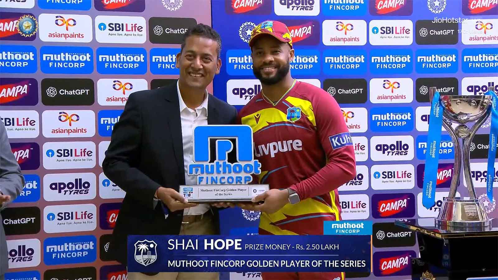 News: Shai Hope reacts after winning player of the series in the T20Is against India, which finished level at 2-2.