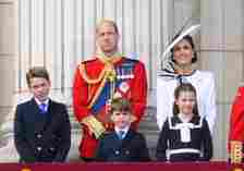 Prince George, Prince William, Prince Louis, Princess Charlotte, and Kate Middleton on the balcony of Buckingham Palace during Trooping the Colour on June 15, 2024 in London, England. 