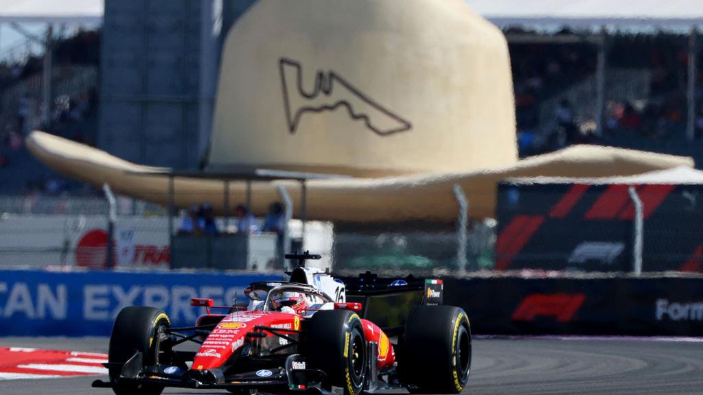 Ferrari's Charles Leclerc with a massive cowboy hat in the background during US Grand Prix practice