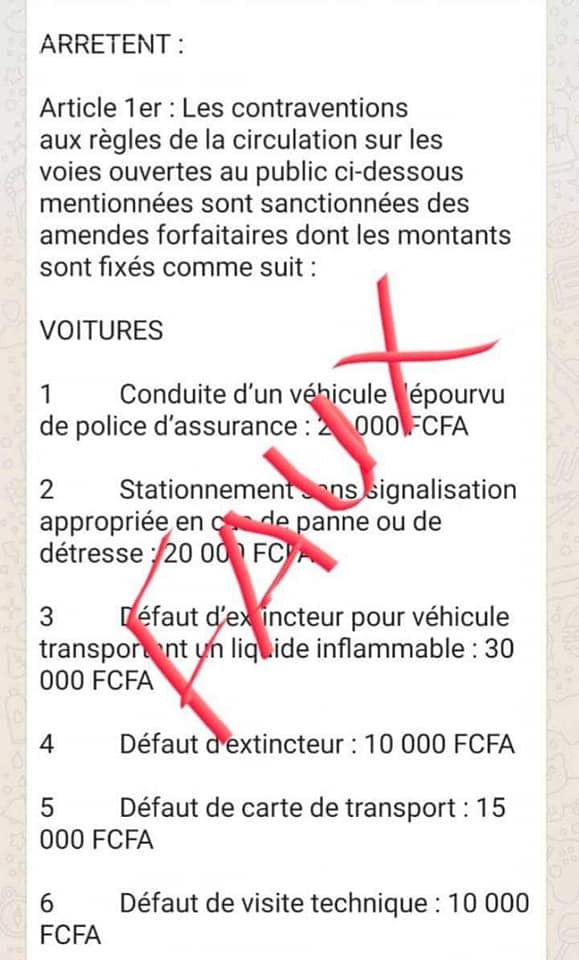 Peut être une image de texte qui dit ’ARRETENT: Article 1er Les contraventions aux règles de la circulation sur les voies ouvertes au public ci-dessous mentionnées sont sanctionnées des amendes forfaitaires dont les montants sont fixés comme suit: VOITURES 1 Conduite d'un véhicule épourvu de police d'assurance 000FCFA 2 Stationnement nssignalisation appropriee en panne ou de détresse 20 00 FC 3 éfaut d'ex incteur pour véhicule transport un liq ide inflammable 30 000 FCFA Défaut extincteur 10 000 FCFA 5 Défaut de carte de transport 15 000 FCFA 6 Défaut de visite technique: 10 000 FCFA’