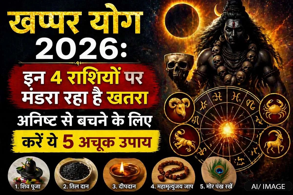 Depicted in the image are the zodiac signs, the zodiac wheel, an oil lamp, sesame seeds, a Shivling, a peacock feather, a rosary, Bhairav, and an eclipse.