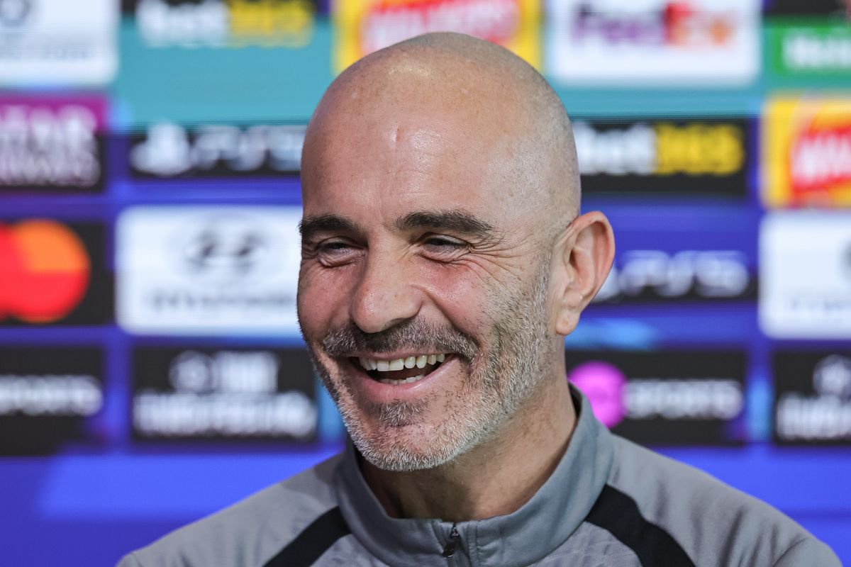 Manchester City manager Enzo Maresca speaks during a press conference and open training session ahead of the UEFA Champions League match against Paris Saint-Germain at the City Football Academy in Manchester, United Kingdom, on October 13, 2026. (Photo by Mark Cosgrove/News Images/NurPhoto via Getty Images)