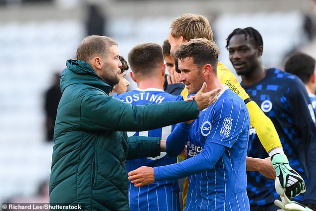 Fabian Hurzeler (left) embraces Pascal Gross, who at 35 is still one of the most influential and creative players in the Premier League