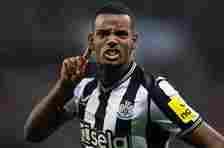 Alexander Isak celebrates scoring during the Premier League match between Newcastle United and Everton FC at St. James' Park.