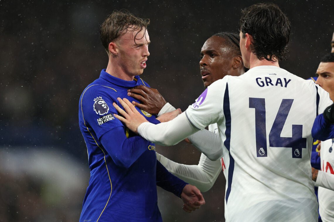 Cole Palmer of Chelsea argues with Archie Gray of Tottenham Hotspur during the Premier League 2026/27 match between Chelsea FC and Tottenham Hotspur