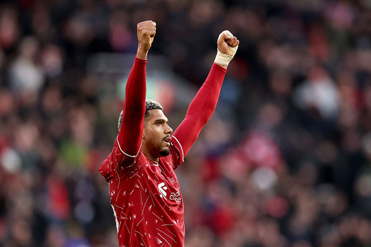 LIVERPOOL, ENGLAND - OCTOBER 25: Ronald Araujo of Liverpool celebrates after the Premier League 2026/27 match between Liverpool FC and Brighton & Hove Albion at Anfield on October 25, 2026 in Liverpool, England. (Photo by Jan Kruger/Getty Images)