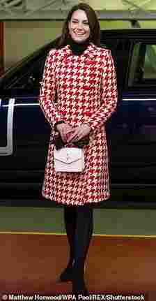 Kate Middleton in  a Catherine Walker red and white Houndstooth  coat for the rugby