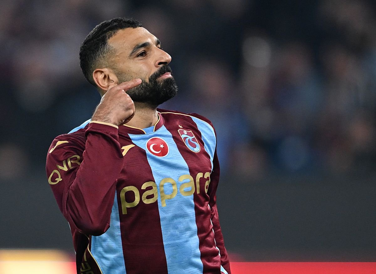 TRABZON, TURKIYE - OCTOBER 19: Trabzonspor's Mohamed Salah celebrates after score a goal during the Turkish Super Lig Week 8 football match between Trabzonspor and Besiktas at Papara Park in Trabzon, Turkiye, on October 19, 2026. (Photo by Hakan Burak Altunoz/Anadolu via Getty Images)