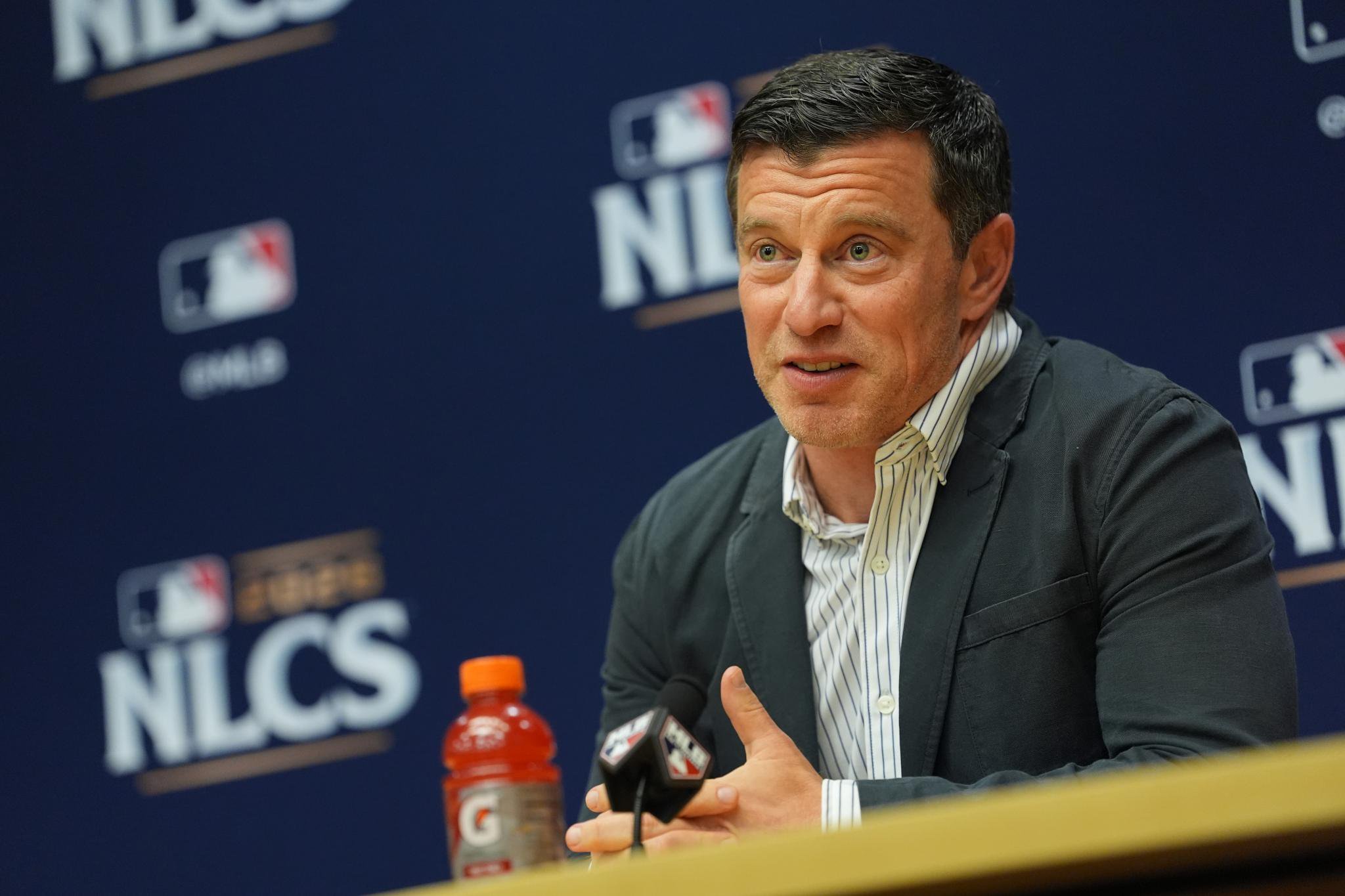 Andrew Friedman, President of baseball operations for the Los Angeles Dodgers, speaks to the media at a press conference.