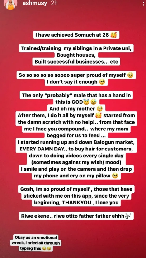 Ashmusy boasting about her achievements