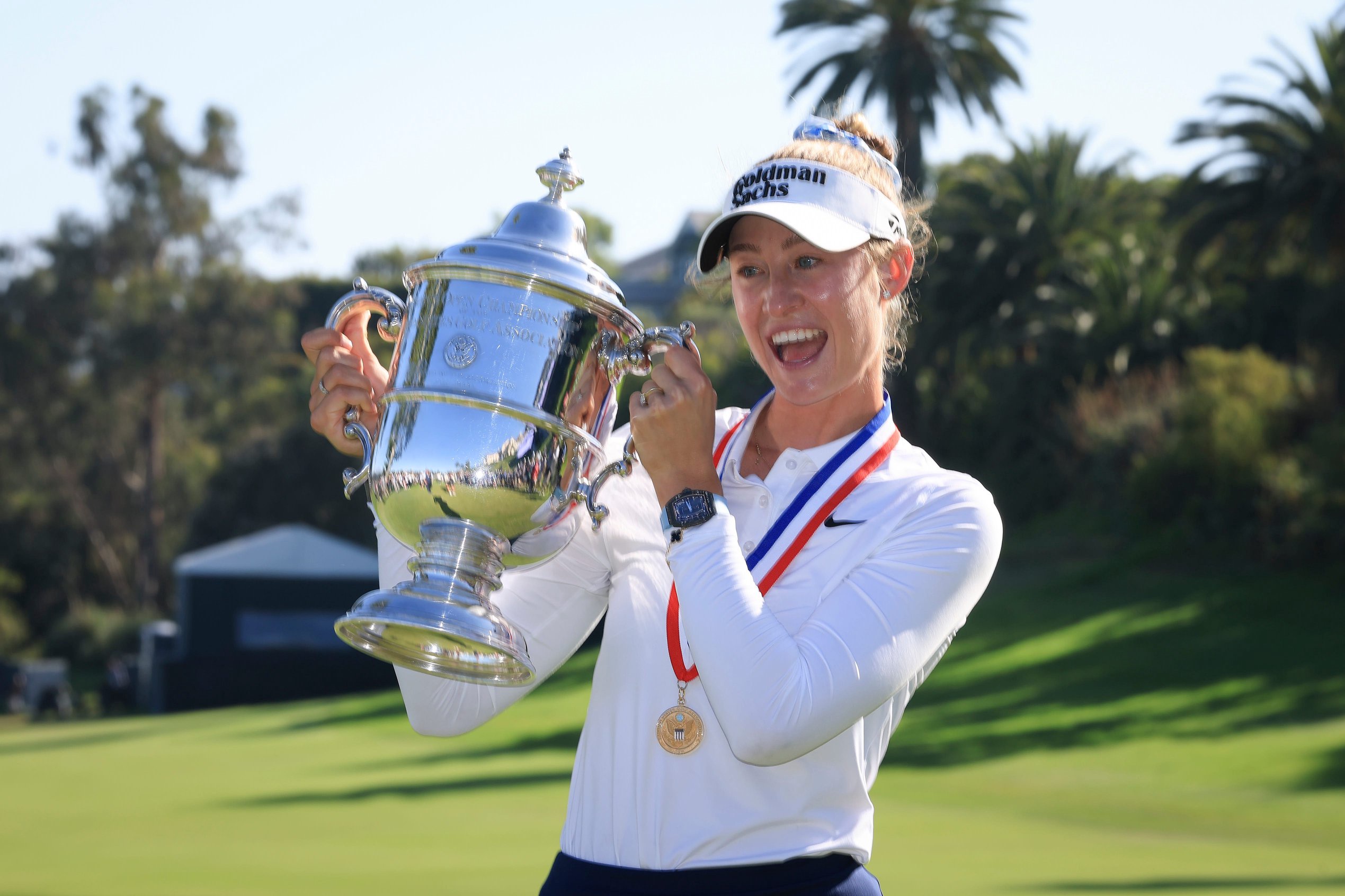 Nelly Korda of the United States poses with The Harton S. Semple Trophy on the 18th green after putting to a victory the during the final round of the U.S. Women's Open presented by Ally 2026 at Riviera Country Club on June 07, 2026 in Pacific Palisades, California.