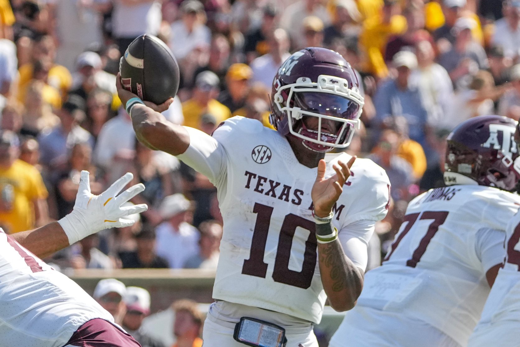 Oct 10, 2026; Columbia, Missouri, USA; Texas A&amp;M Aggies quarterback Marcel Reed (10) throws a pass against the Missouri Tigers during the second half of the game at Faurot Field at Memorial Stadium. Mandatory Credit: Denny Medley-Imagn Images