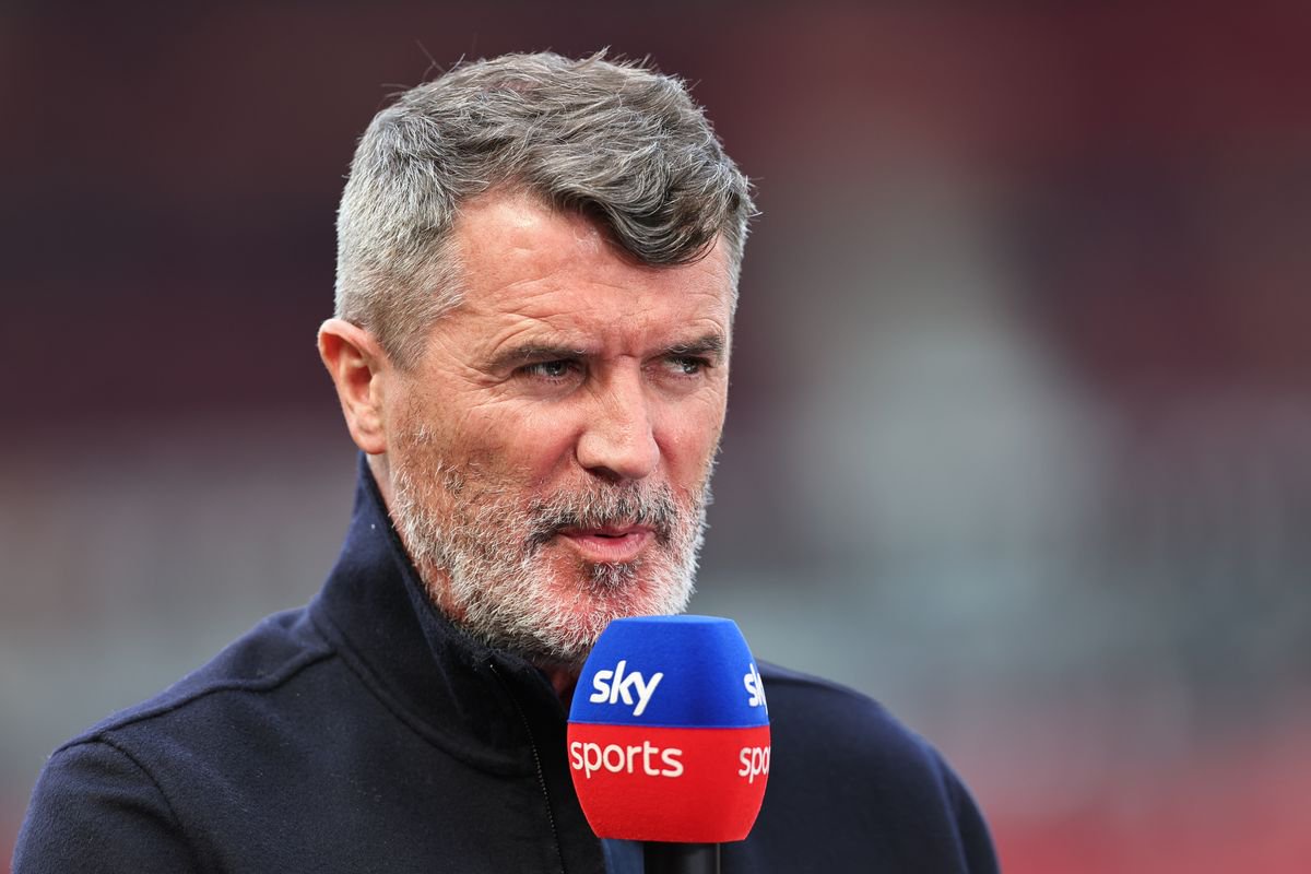 Roy Keane working as a pundit for Sky Sports ahead of the Premier League match between Manchester United and Arsenal FC at Old Trafford