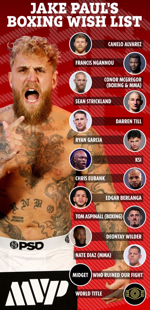 Graphic showing Jake Paul's boxing wish list, including fighters like Canelo Alvarez, Francis Ngannou, Conor McGregor, and a world title.