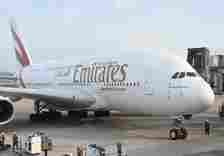 Emirates' Airbus A380 airliner that arrived at Kansai International Airport in Osaka Prefecture from Dubai is seen on June 14, 2024. (Mainichi/Tadakazu Nakamura)