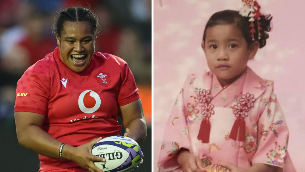 Sisilia Tuipulotu in Wales kit and in Japanese dress as a child