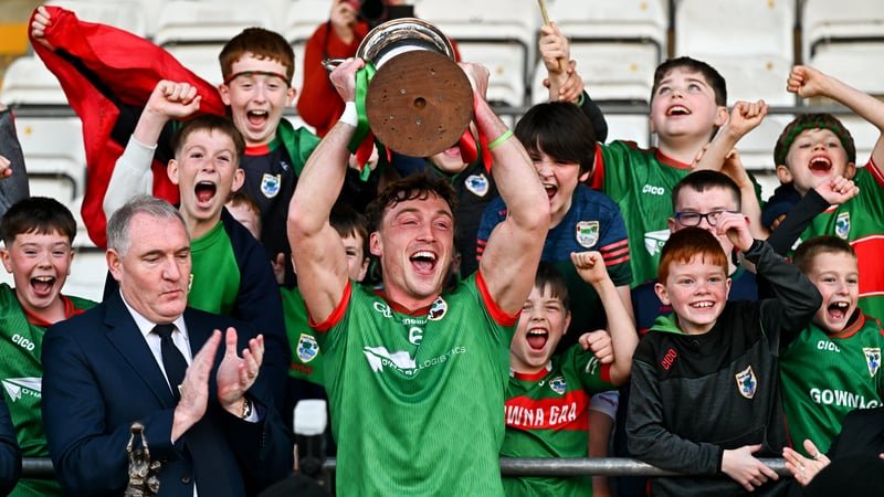 18 October 2026; Gowna captain Conor Brady lifts the cup after the Cavan County Senior Club Football Championship final match between Gowna and Kingscourt Stars at Kingspan Breffni in Cavan. Photo by Tyler Miller/Sportsfile