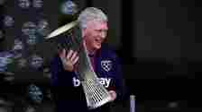 David Moyes celebrates with the Europa Conference League trophy