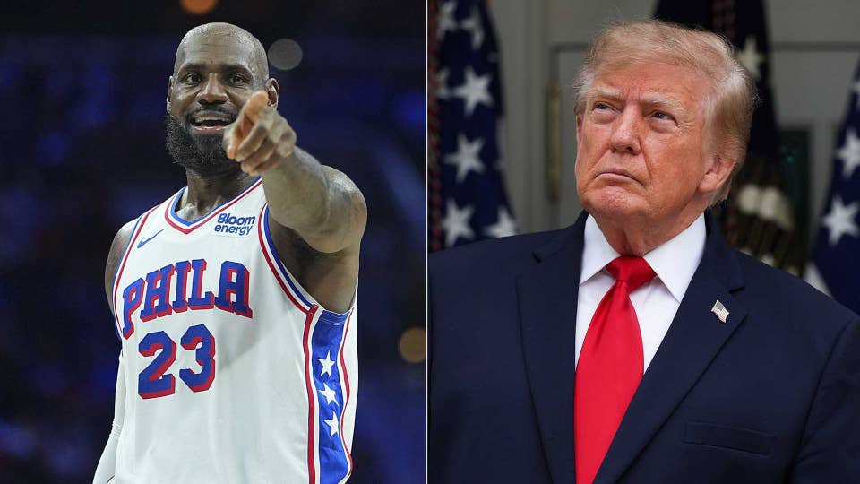 split image of LeBron James raising his arm in 76ers jersey and Donald Trump wearing blue suit and red tie