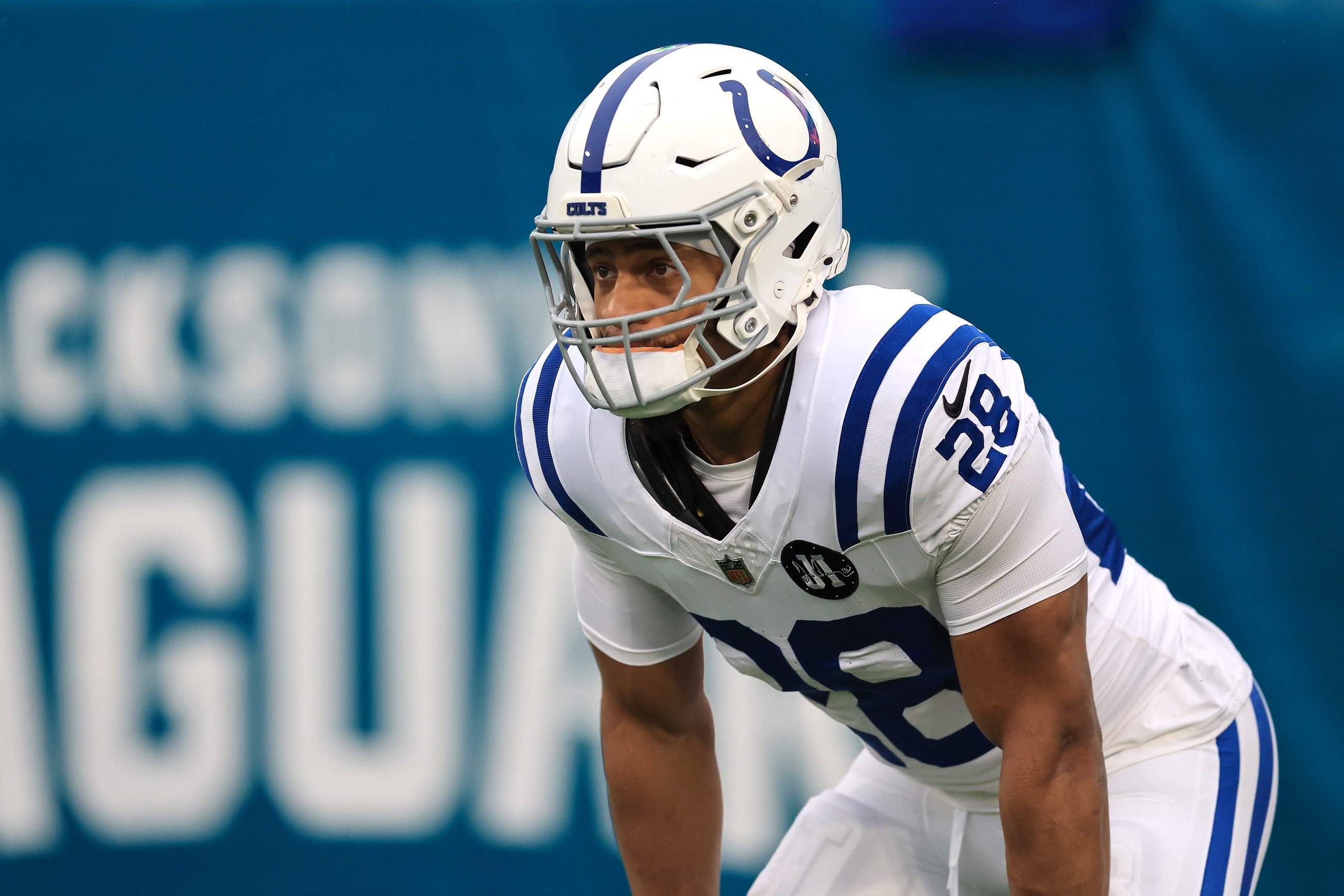 JACKSONVILLE, FLORIDA - DECEMBER 07: Jonathan Taylor #28 of the Indianapolis Colts looks on during warmups before the game against the Jacksonville Jaguars at EverBank Stadium on December 07, 2025 in Jacksonville, Florida. (Photo by Mike Carlson/Getty Images)