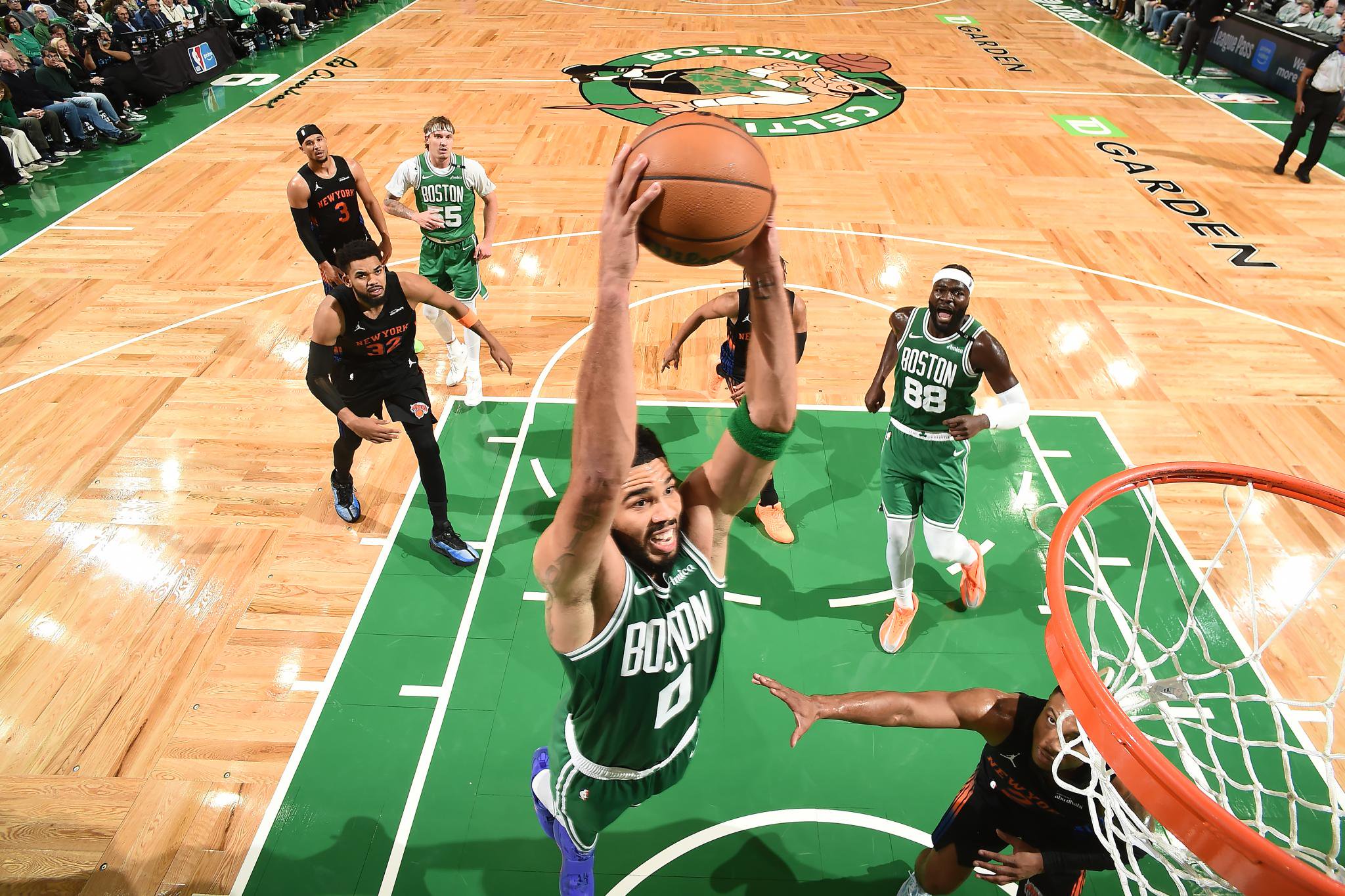 Jayson Tatum of the Boston Celtics drives to the basket during a game against the New York Knicks.
