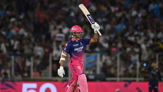 Yashasvi Jaiswal celebrates after scoring a half-century during the IPL 2026 match between GT and RR. (AFP)