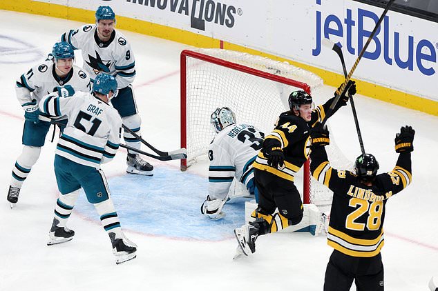 Boston Bruins forward James Hagens (44) celebrates after scoring a third-period goal during an NHL hockey game against the San Jose Sharks, Saturday, Oct. 24, 2026, in Boston. (AP Photo/Jim Davis)