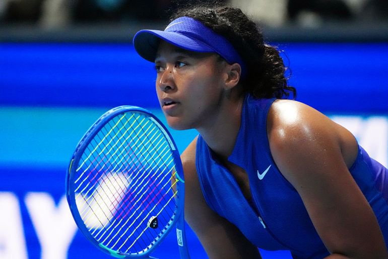 Naomi Osaka of Japan plays looks on during her round of 16 singles match against Mia Pohankova of Slovakia on day four of Toray Pan Pacific Open at Ariake Tennis Forest Park on October 29, 2026 in Tokyo