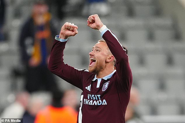Matty Cash celebrates Villa´s win after the final whistle (Owen Humphreys/PA)