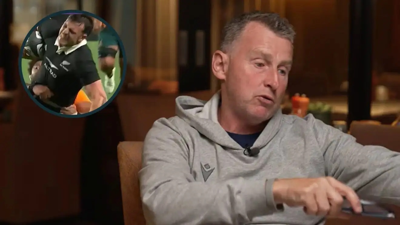 Former Test referee Nigel Owens and the hip drop tackle on All Black Leroy Carter (inset).