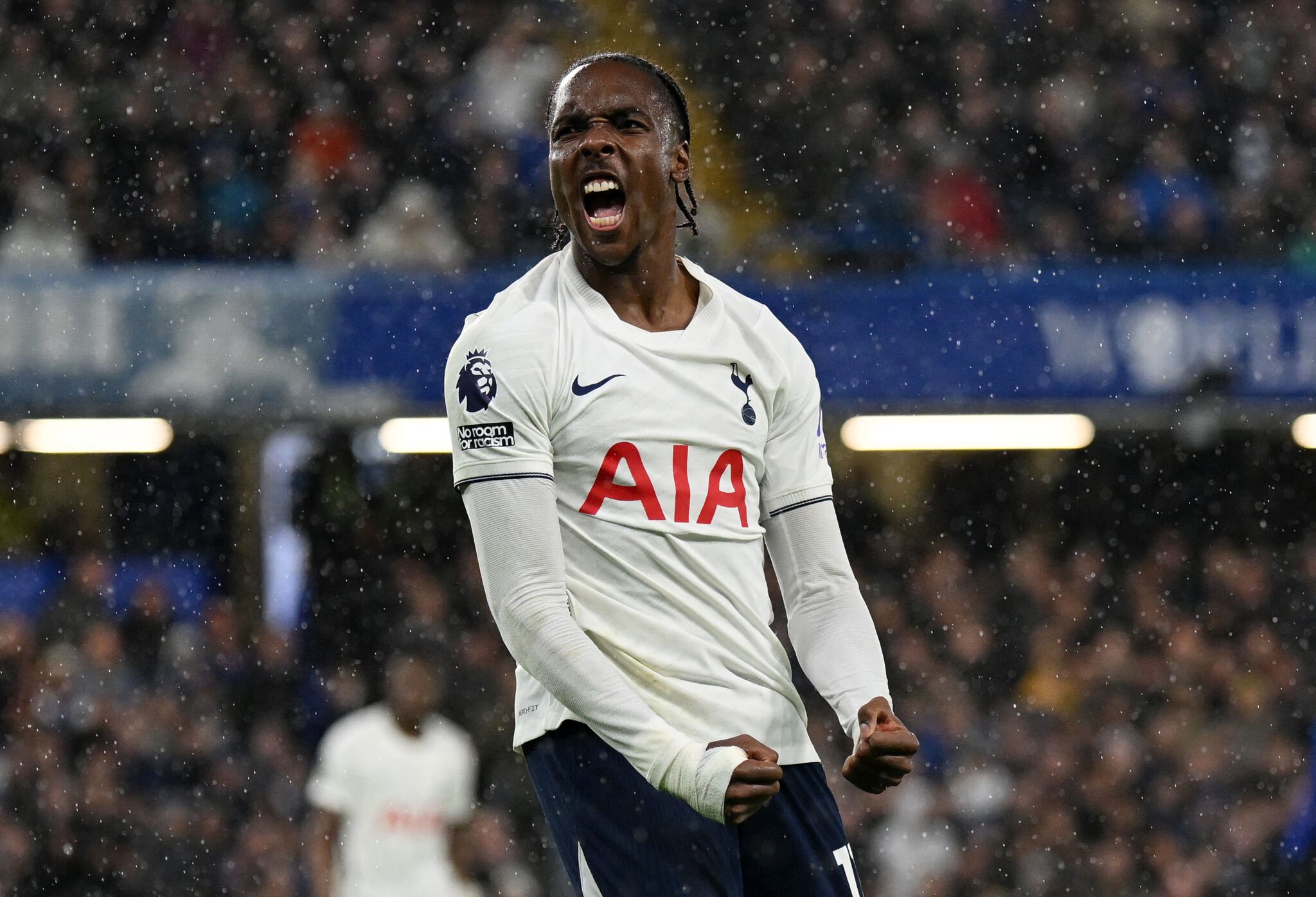 LONDON, ENGLAND - OCTOBER 24: Mathys Tel of Tottenham Hotspur celebrates after Mike Penders of Chelsea scores an own goal, the first goal for Tottenham Hotspur during the Premier League 2026/27 match between Chelsea FC and Tottenham Hotspur at Stamford Bridge on October 24, 2026 in London, England. 