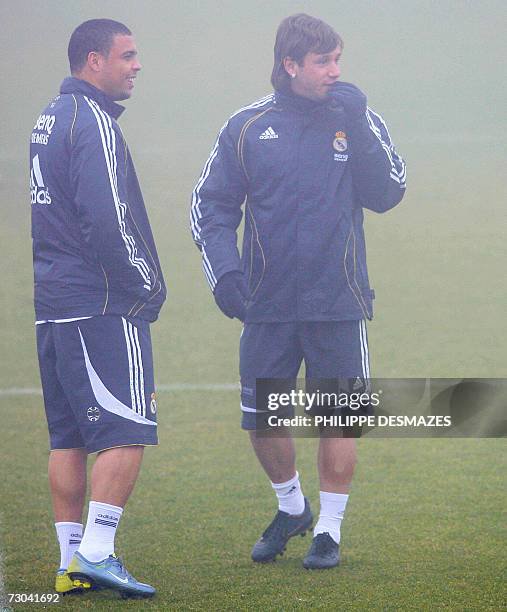 Real madrids brazilian ronaldo and italian antonio cassano at a training session in madrid