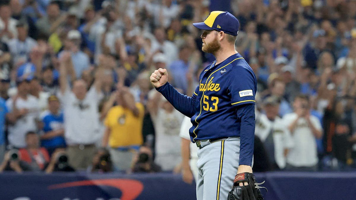 Brandon Woodruff reacts after the last out at Tropicana Field.