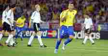 Brazil striker Ronaldo celebrates his goal against Germany in the 2002 World Cup final