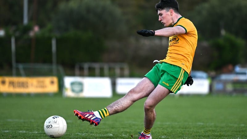 Paul Honeyman of Ballinamore Sean O'Heslins shoots to score a penalty in the penalty shootout of the Leitrim County Senior Club Football Championship final replay match between Ballinamore Seán O'Heslins and Mohill at Ballinamore Seán O'Heslin's GAA Club