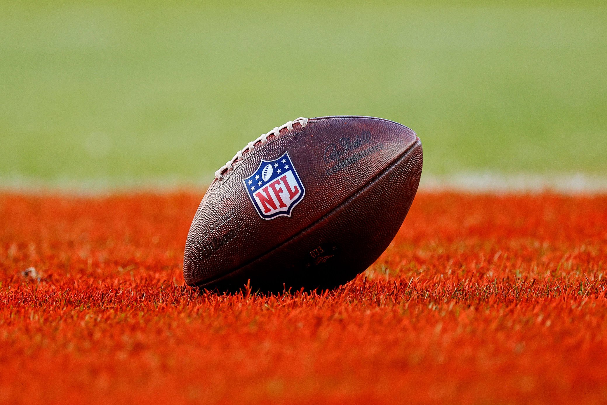 Oct 19, 2025; Denver, Colorado, USA; A general view of the game ball on the field after the game between the New York Giants and the Denver Broncos at Empower Field at Mile High. Mandatory Credit: Isaiah J. Downing-Imagn Images