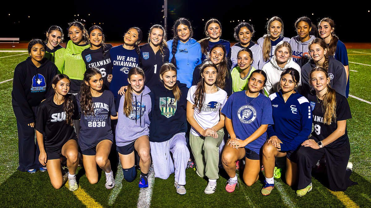 Members of the Chiawana High School girls soccer team gather for a team photograph following their final practice Monday, Oct. 26, 2026, in Pasco, Wash. The Riverhawks finished undefeated in Mid-Columbia Conference play with a 9-0 record and open the District 6 4A girls soccer tournament against Ferris at 6 p.m. Tuesday, Oct. 27, at Chiawana High School.