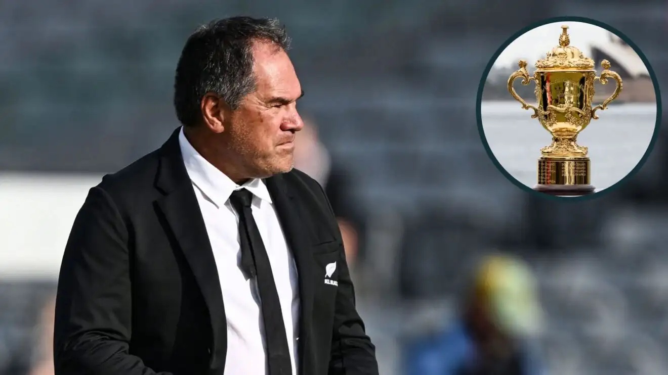 All Blacks head coach Dave Rennie and the Webb Ellis Cup (inset).