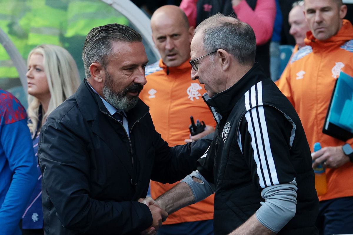 GLASGOW, SCOTLAND - SEPTEMBER 13: Derek McInnes, Manager of Rangers, shakes hands with Martin O'Neill, Manager of Celtic, before the Premier Sports Cup Quarter Final match between Rangers and Celtic at Ibrox Stadium on September 13, 2026 in Glasgow, Scotland.  (Photo by Ian MacNicol/Getty Images)