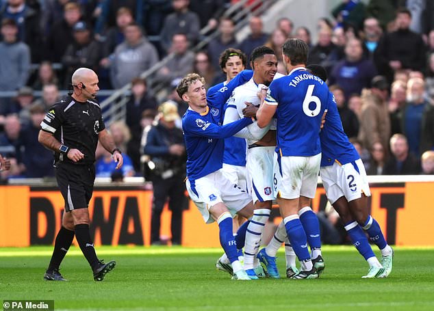 Tempers frayed between Chelsea´s Morgan Rogers and Everton´s James Tarkowski (Mike Egerton/PA)