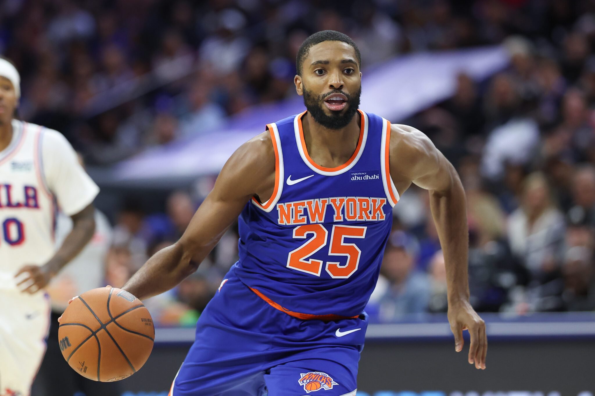 Oct 5, 2026; Philadelphia, Pennsylvania, USA; New York Knicks guard Mikal Bridges (25) dribbles against the Philadelphia 76ers during the second quarter at Xfinity Mobile Arena. Mandatory Credit: Bill Streicher-Imagn Images