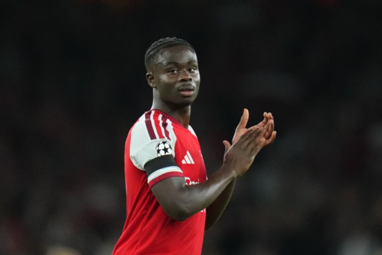 Arsenal's Bukayo Saka walks off the pitch after during the UEFA Champions League soccer match between Arsenal and Lille in London, Tuesday, Oct. 13, 2026. (AP Photo/Kirsty Wigglesworth)