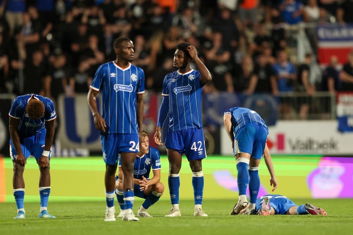 Rangers players look dejected during UEFA Conference League playoff round second leg match at Chance Arena, Jablonec
