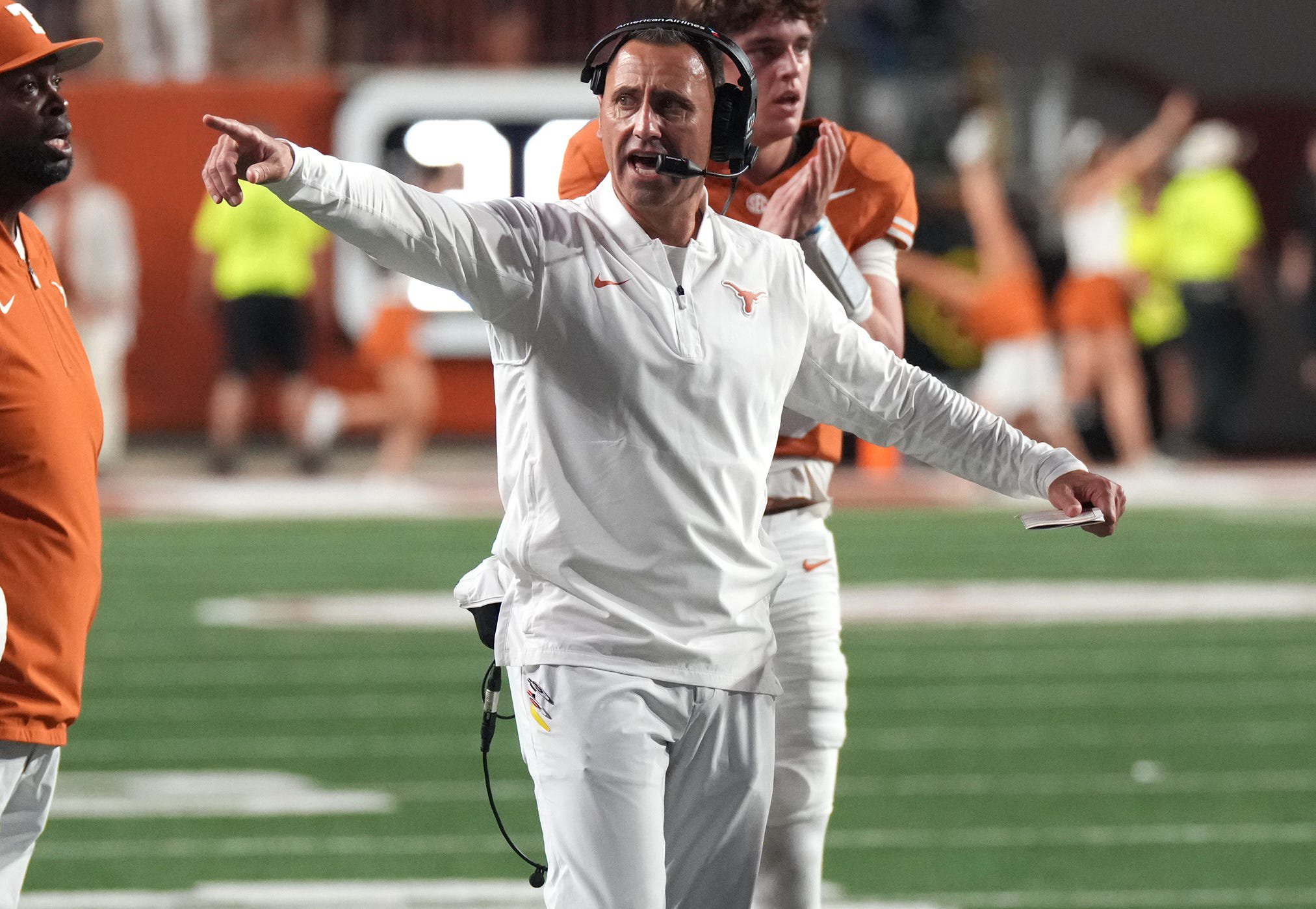 Texas football coach Steve Sarkisian reacts during the first half of his team's game against Mississippi at Darrell K Royal-Texas Memorial Stadium.