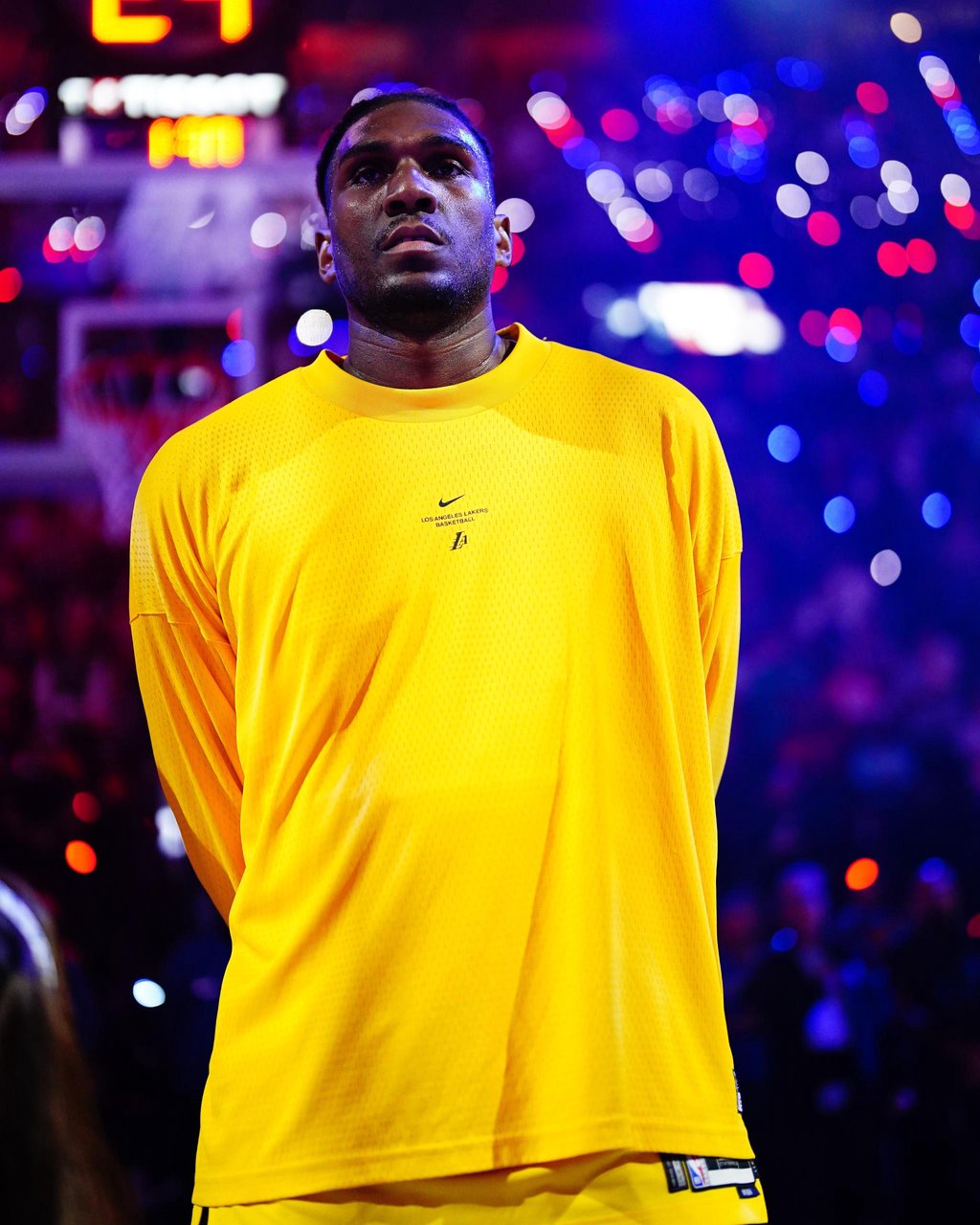 Kevon Looney #55 of the Los Angeles Lakers listens to the national anthem before a game against the LA Clippers at Crypto.Com Arena in Los Angeles, Wednesday, Oct. 28, 2026.